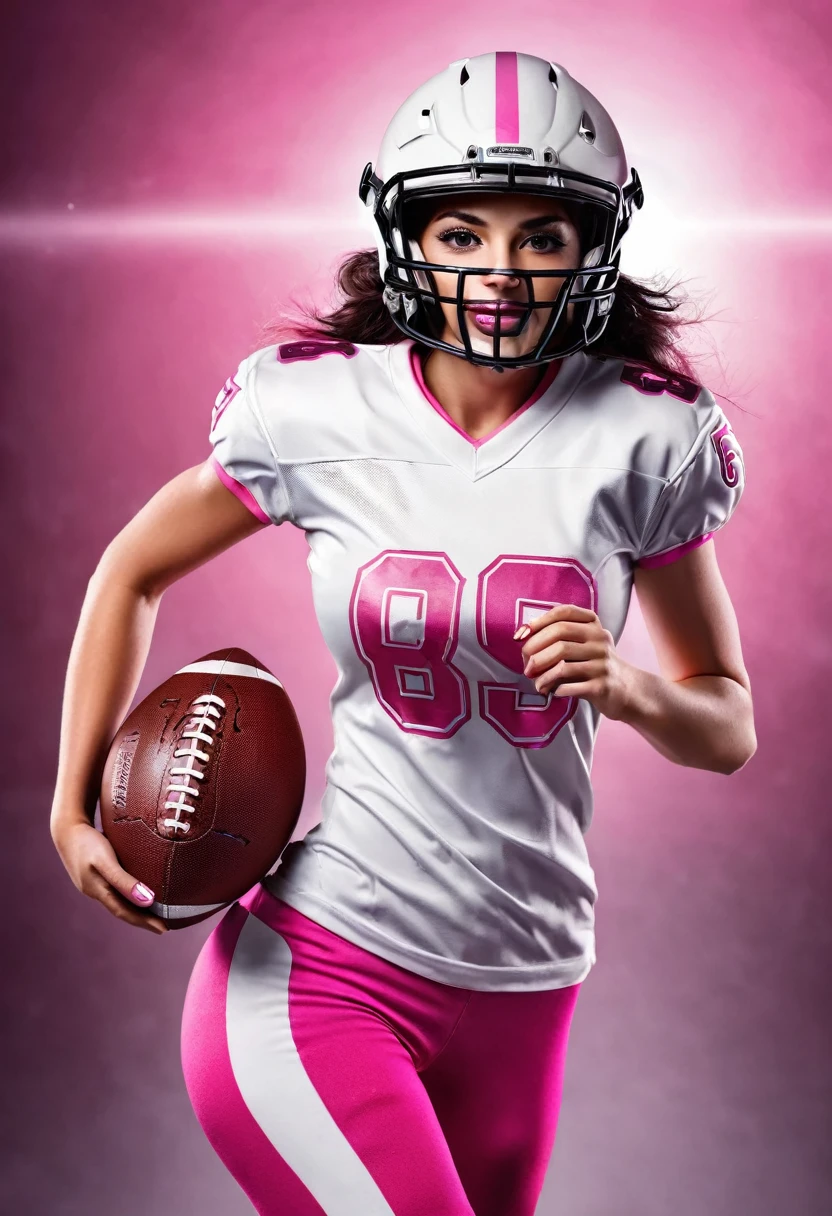 American football player woman, with pink uniform and helmet with white stripe, holding the American football ball, number 63 on the t-shirt, angelic beauty, running, photographic realism, cinema lighting.