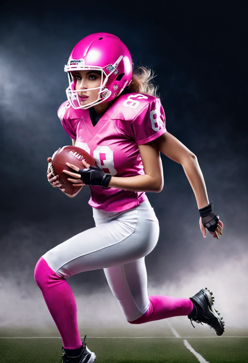 American football player woman, with pink uniform and helmet with white stripe, holding the American football ball, number 63 on the t-shirt, angelic beauty, running, photographic realism, cinema lighting.