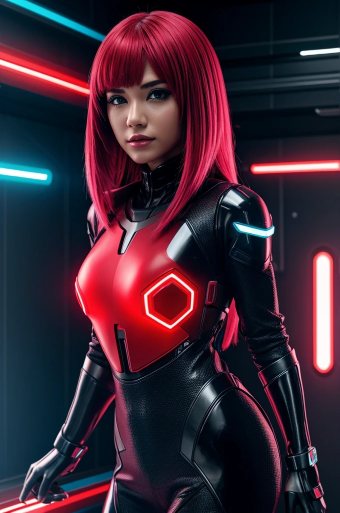 The girl is covered in cyber implants, all colors except red are very dull