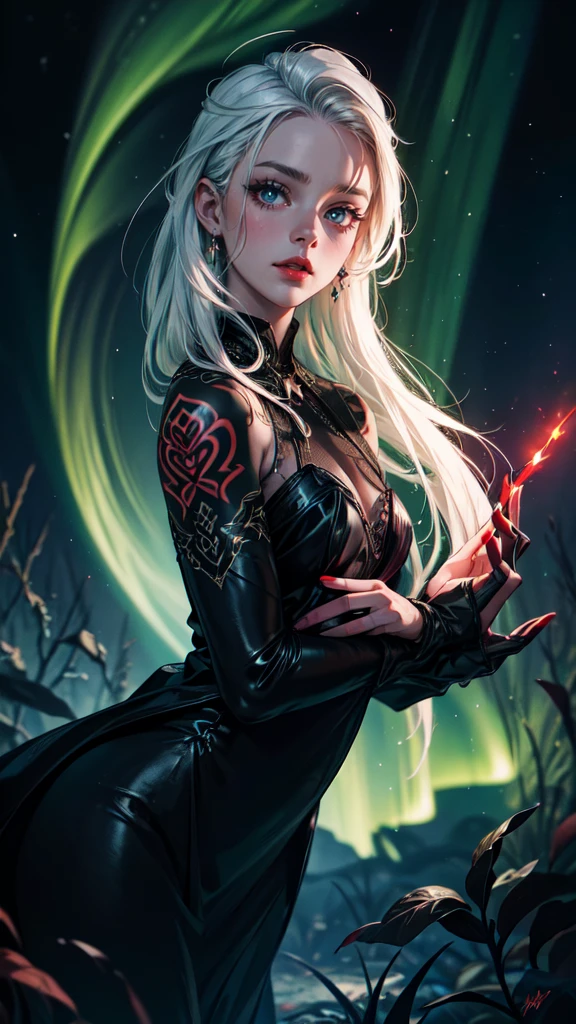 dark forest in background, colorful, Aurora, mythical, erotic pose, pore white hair, small , big eyes, body covered with tattoo, red lips, erotic, dark light, black dress ,glowing light, detailed face, detailed hands, detailed eyes, full body
