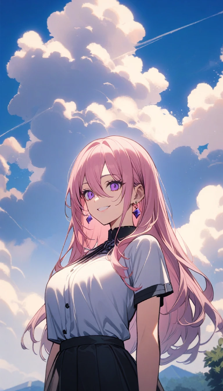 32k, 1 Girl, Solitary, Long hair, Looking at the audience, Smile, Bangs, skirt, Hair between the eyes, Jewelry, Shut up, Purple Eyes, Upper Body, Pink Hair, Short sleeve, earrings, outdoor, sky空, sky, cloud, black skirt, blue sky空,Extra large breasts
