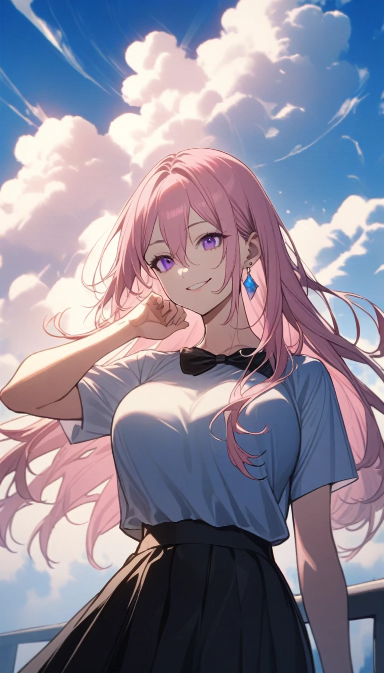 32k, 1 Girl, Solitary, Long hair, Looking at the audience, Smile, Bangs, skirt, Hair between the eyes, Jewelry, Shut up, Purple Eyes, Upper Body, Pink Hair, Short sleeve, earrings, outdoor, sky空, sky, cloud, black skirt, blue sky空,Extra large breasts