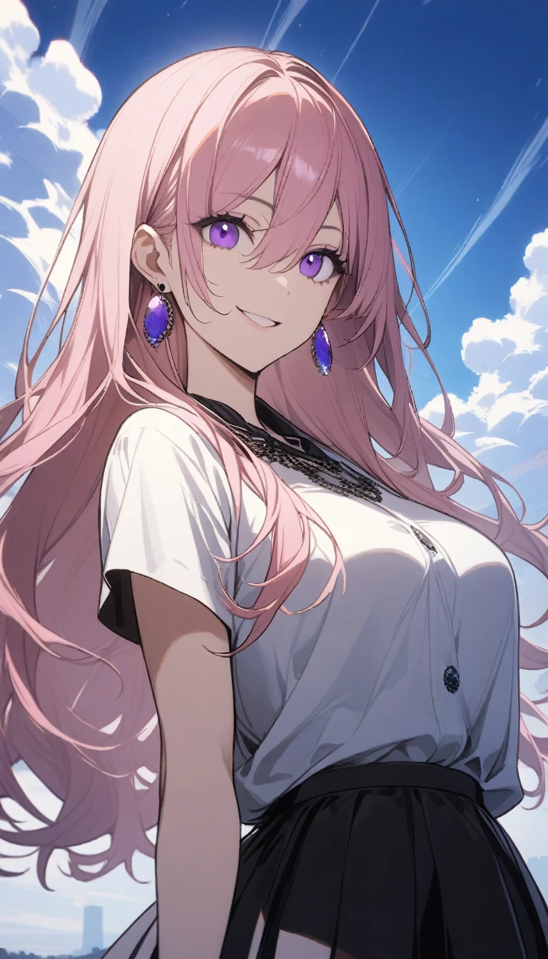 32k, 1 Girl, Solitary, Long hair, Looking at the audience, Smile, Bangs, skirt, Hair between the eyes, Jewelry, Shut up, Purple Eyes, Upper Body, Pink Hair, Short sleeve, earrings, outdoor, sky空, sky, cloud, black skirt, blue sky空,Extra large breasts
