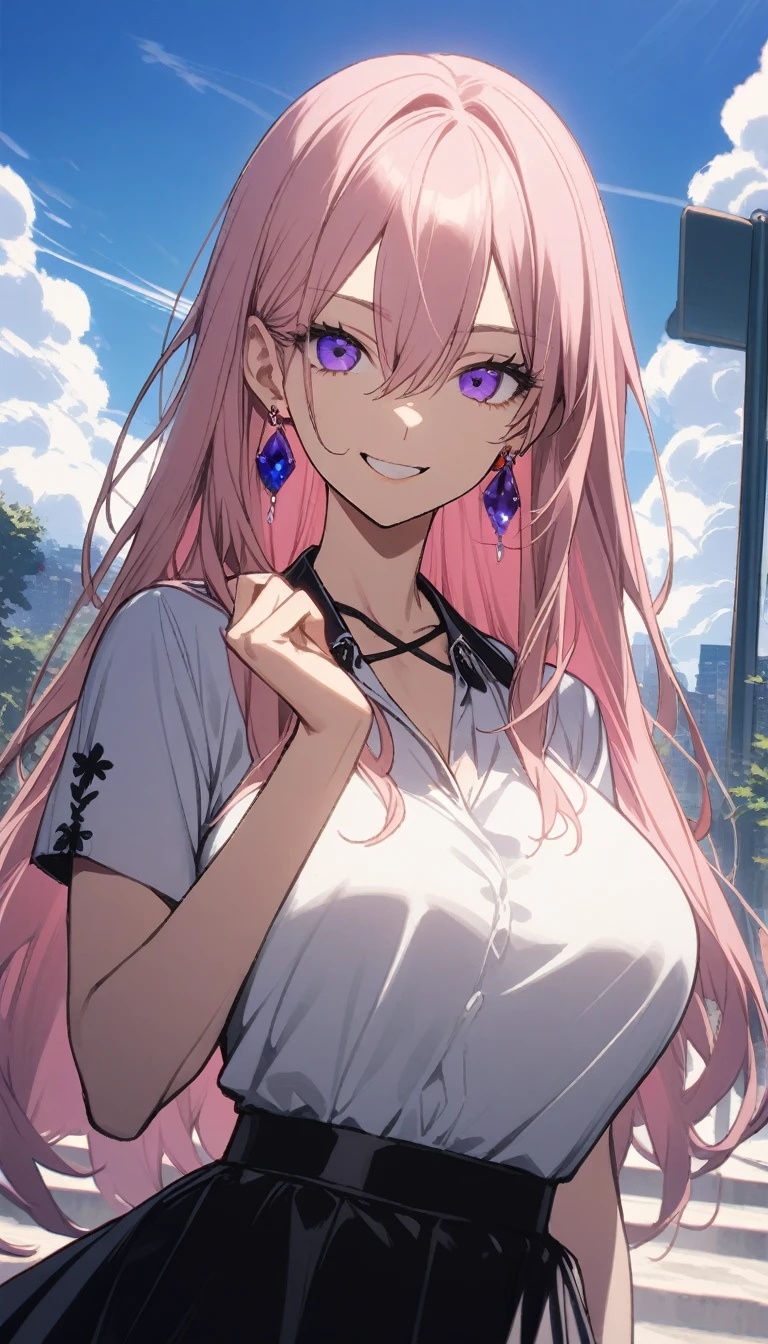 (8K、Highest image quality、highest quality、masterpiece)、detailed face、1 woman、pink hair、long hair、wavy hair、pink eyes、earrings、smile showing teeth、Moderate chest、((Unbuttoned white shirt))、cleavage、black mini skirt、cowboy shot、night city background