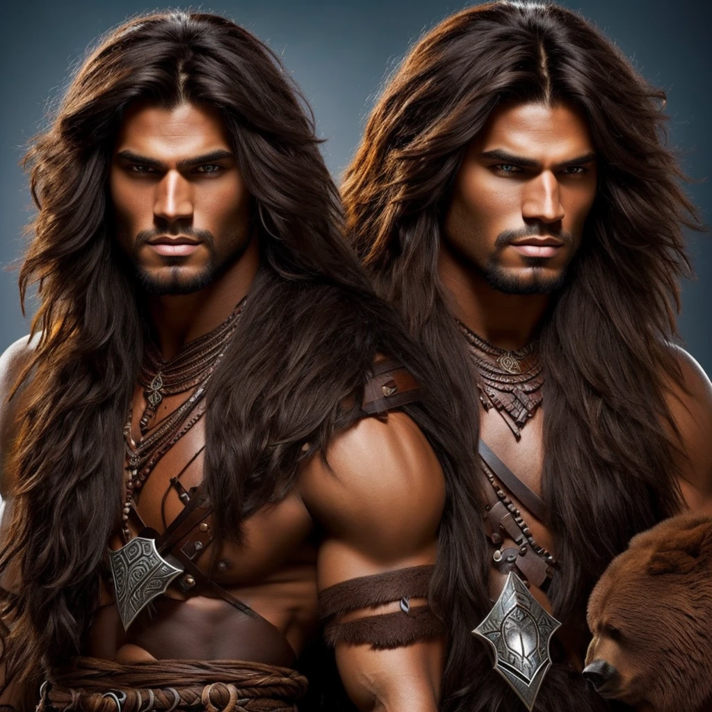 Barbarian with dark brown long hair, without armor and in the skin of a beast, with a bear amulet, two-handed sword, eye color - brown, dark skin, angular features symmetrical facial features