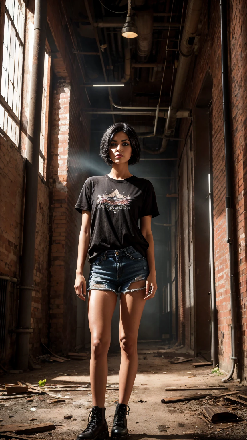 create an image of a A woman between 25 and 30 years old with slender short black hair, dark brown eyes wearing eye makeup eyeliner and eyeliner and black lipstick on lips, wearing a black t-shirt and black denim shorts he is standing posing for the photo the environment is the interior of an old abandoned factory with pipes and registers everywhere sunlight coming from above some dry leaves on the floor dust grains in the air rust in the pipes small steam leaks in some pipes, the image conveys the beauty of a professional photograph highlighting the beauty of the girl and the details of the factory where she is.