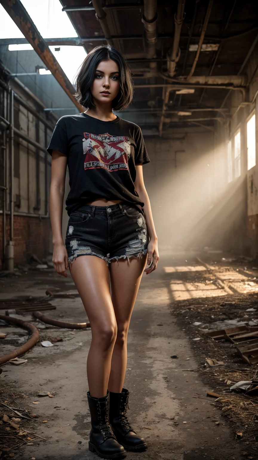 create an image of a A woman between 25 and 30 years old with slender short black hair, dark brown eyes wearing eye makeup eyeliner and eyeliner and black lipstick on lips, wearing a black t-shirt and black denim shorts he is standing posing for the photo the environment is the interior of an old abandoned factory with pipes and registers everywhere sunlight coming from above some dry leaves on the floor dust grains in the air rust in the pipes small steam leaks in some pipes, the image conveys the beauty of a professional photograph highlighting the beauty of the girl and the details of the factory where she is.