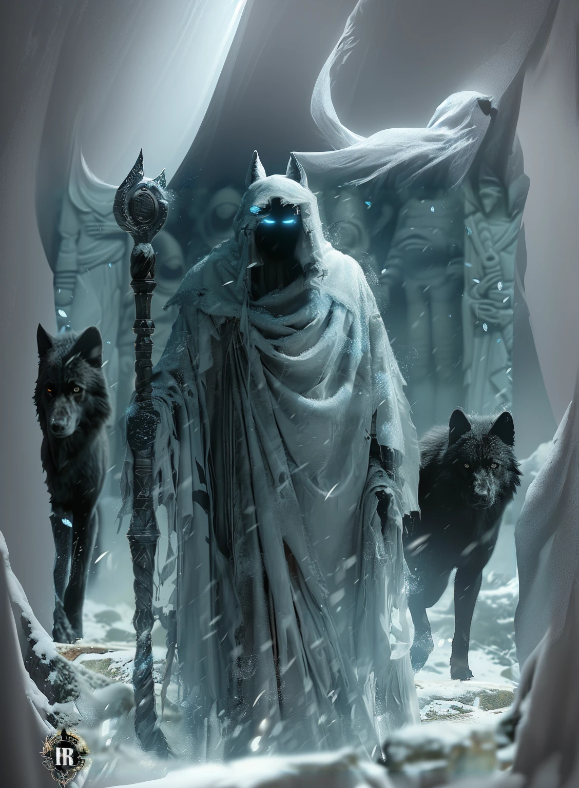 there is a man in a white robe and a wolf walking in the snow, god of winter, winter concept art, 4k fantasy artwork, a sinister fantasy illustration, elegant cinematic fantasy art, epic fantasy science fiction illustration, fantasy art 8k, photo of Anubis ghost, Fantasy art Behance, 3 figures as winter spirits, epic fantasy digital art