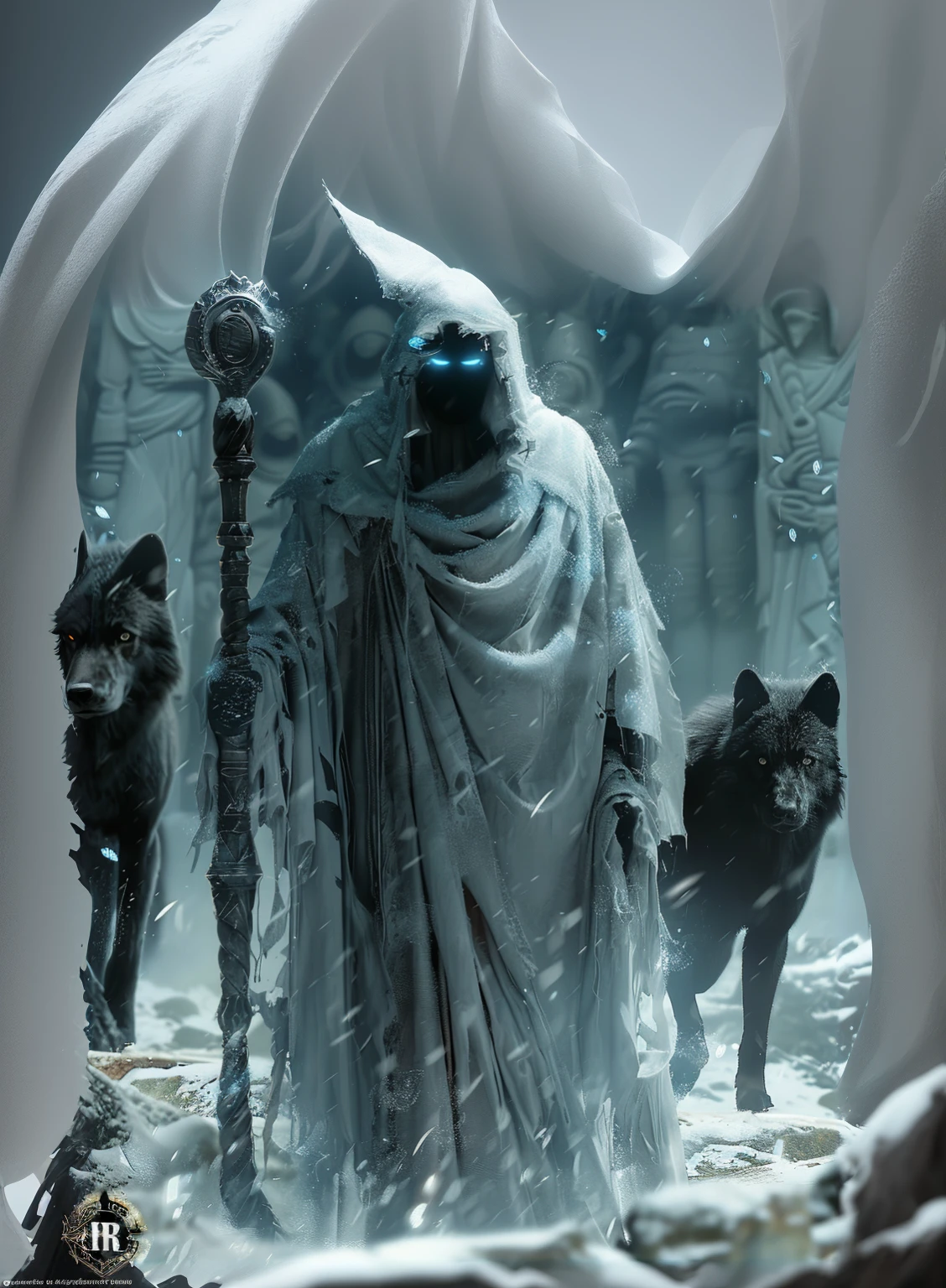 there is a man in a white robe and a wolf walking in the snow, god of winter, winter concept art, 4k fantasy artwork, a sinister fantasy illustration, elegant cinematic fantasy art, epic fantasy science fiction illustration, fantasy art 8k, photo of Anubis ghost, Fantasy art Behance, 3 figures as winter spirits, epic fantasy digital art