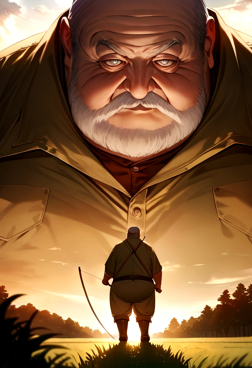 An old fat man with long hair, wearing farming clothes, training his son to archery, set in the middle of field. Approaching perfection, Face detailed, Long take shot, Ultra detailed, smooth, HD resolution.