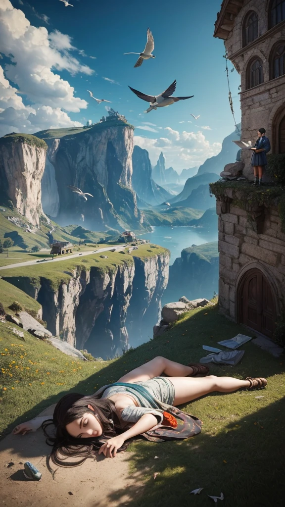 a woman lying on the ground, Birds perched on her lap, Gulliver's Travels, Gulliver's Travels, maurizio cattelan, detailed concept photography, sports creative image composition, surreal object photography, by Storm Thorgerson, surreal nightmare scene, miniature photography , stills from God of War, by Leandro Erlich, terry gilliam, little people!! !, manipulation.fan bing.Beautiful giant girl.