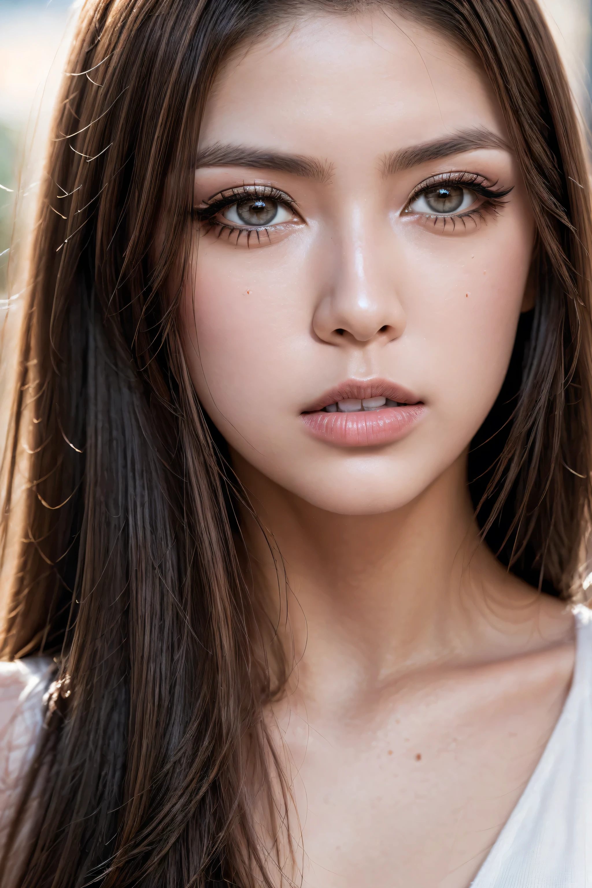 photorealistic Realism 32K Quality, (Hyper absurd quality, extremely detailed detail, hyper resolution, clear sharp focus, not blurry, (Realistic brown_eyes:1.25)), (extremely beautiful face, beautiful lips), pink_makeup:1.22, long_blue_eyeliner:1.28, red_lipstick:1.35, (perfect dark_eyeshadows:1.28), (super Detailed, beautiful little nose:1.2), (perfect composition), (upper body shot), ((close up of her face)), beautiful cheekbones, double eyelids, dslr, best high quality soft lighting, sharp focus captured by Fujifilm XT3, f 5.6, in a dramatic lighting, ((perfect composition)), ((pale skin)), ((dry skin)),