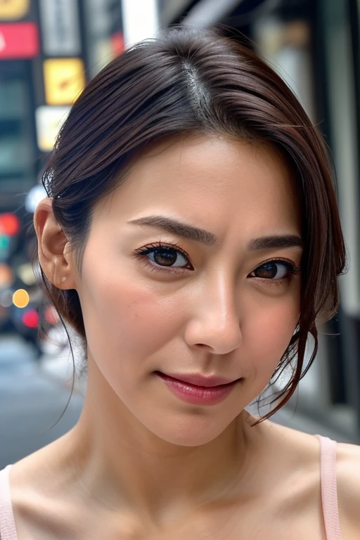 Beautiful Japanese actresses,1 Girl,flying debris,,Award-winning photo, Very detailed, Focus your eyes, Nose and mouth,Face Focus, Extreme close up of face、 Age 35,Brown Hair、Symmetrical face,Realistic nostrils、Angle from below、Elongated C-shaped nostrils,(Sharp Nose)Sweaty skin、Shiny skin,(Brow wrinkles))（Cum on tongue)、((Thin eyebrows))Oily skin、Glowing Skin、double eyelid、、Beautiful woman、Medium Hair、Shortcuts、Tank top,I can see the sky、Shibuya Center Street、(((Show your side,throw))),Please raise your eyebrows, (((Hold your mouth, Frowning, crazy, Frowning))), Textured skin,Long upper arms,((Cry with your eyes open, blush, Drunk, The face of patience))Squat,Large Breasts,((Always keep your arms up and your armpits exposed))Long arms,Frowningをする,Smell, Irritation, sad, sleepy, Frowning, The face of endurance