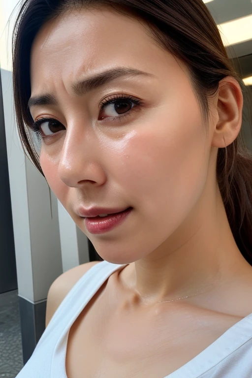 Beautiful Japanese actresses,1 Girl,flying debris,,Award-winning photo, Very detailed, Focus your eyes, Nose and mouth,Face Focus, Extreme close up of face、 Age 35,Brown Hair、Symmetrical face,Realistic nostrils、Angle from below、Elongated C-shaped nostrils,(Sharp Nose)Sweaty skin、Shiny skin,(Brow wrinkles))（Cum on tongue)、((Thin eyebrows))Oily skin、Glowing Skin、double eyelid、、Beautiful woman、Medium Hair、Shortcuts、Tank top,I can see the sky、Shibuya Center Street、(((Show your side,throw))),Please raise your eyebrows, (((Hold your mouth, Frowning, crazy, Frowning))), Textured skin,Long upper arms,((Cry with your eyes open, blush, Drunk, The face of patience))Squat,Large Breasts,((Always keep your arms up and your armpits exposed))Long arms,Frowningをする,Smell, Irritation, sad, sleepy, Frowning, The face of endurance