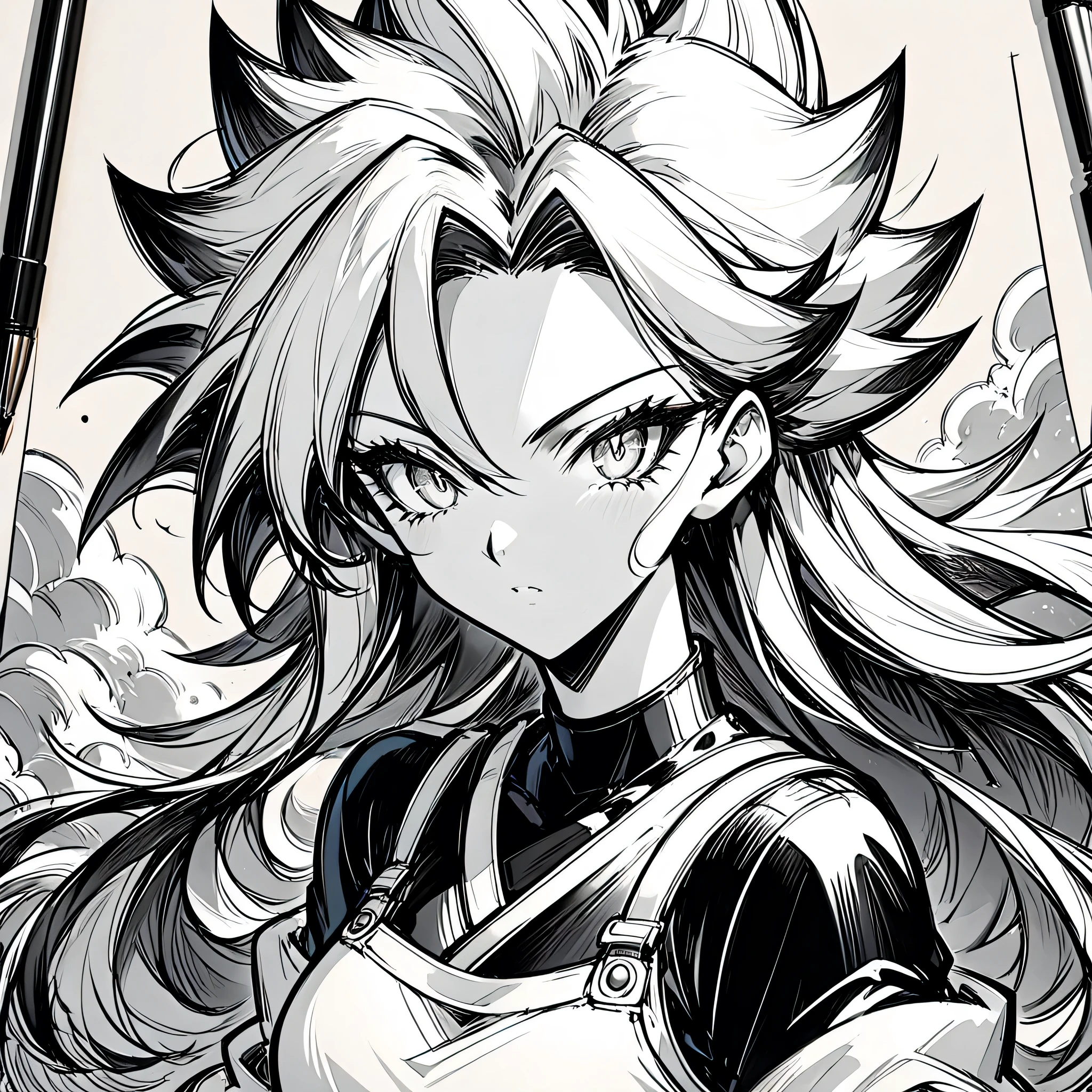 a drawing of a woman with long hair and a black top, black and white manga style, extremely detailed artgerm, Android 21 , style artgerm, detailed anime character art, detailed manga style, saiyan girl, clean detailed anime style, anime style illustration, in the style artgerm, striking manga artstyle