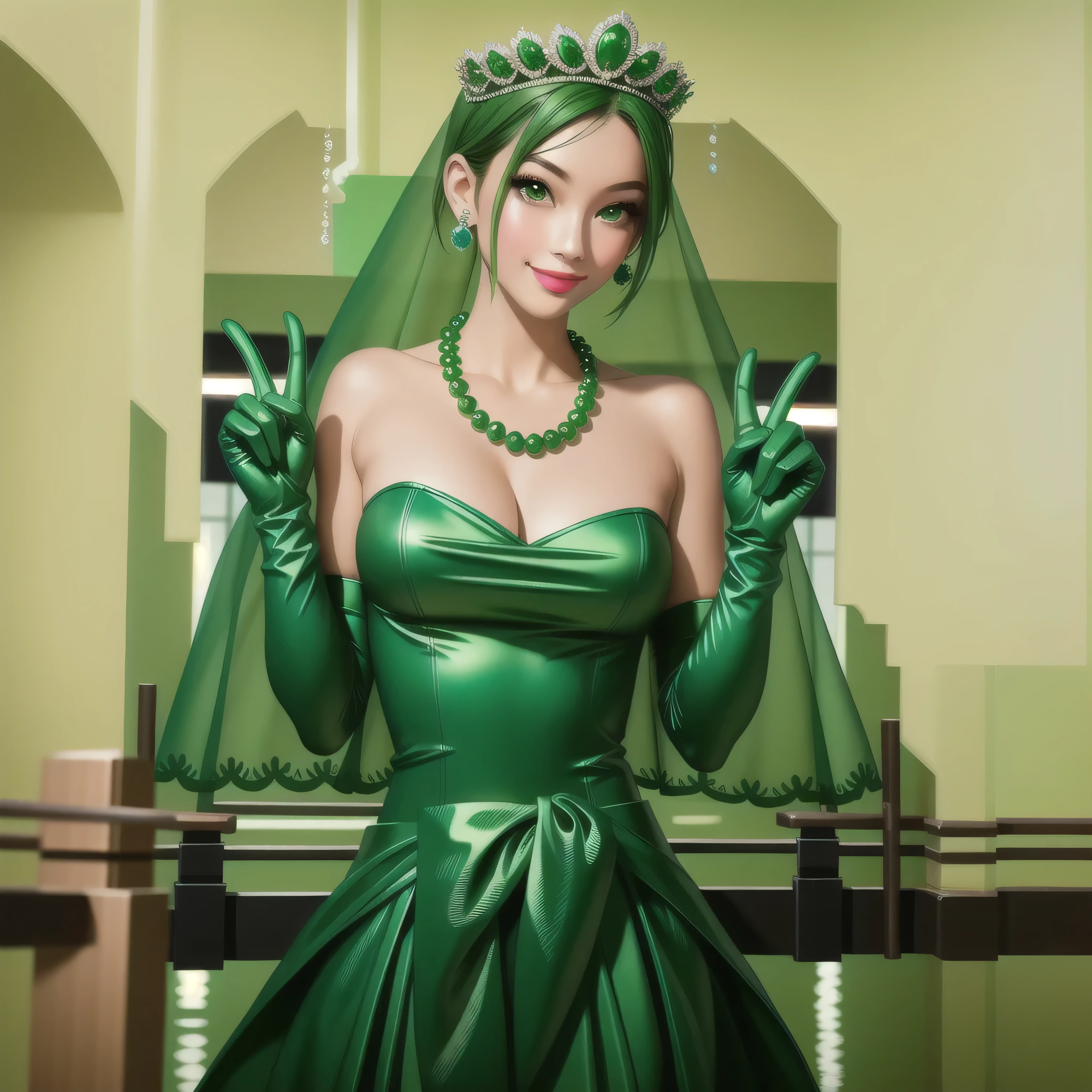emerald tiara, Green Pearl Necklace, Boyish very short green hair, Green Lips, Smiling Japanese woman, Very short hair,  beautiful lady, Green Eyes, Green satin long gloves, Green Eyes, Emerald Earrings, Green veil, Vsain, Green Hair, Beautiful Japanese Woman, green lip gloss