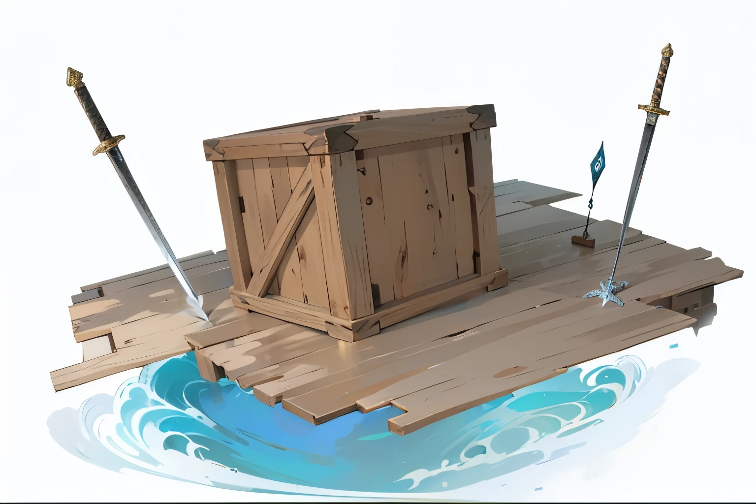 high quality, ,Meticulous portrayal,Clear structure,Clear structure的,Precise construction,,,board,Wooden box,sword,Realistic portrayal,wave,Broken wood