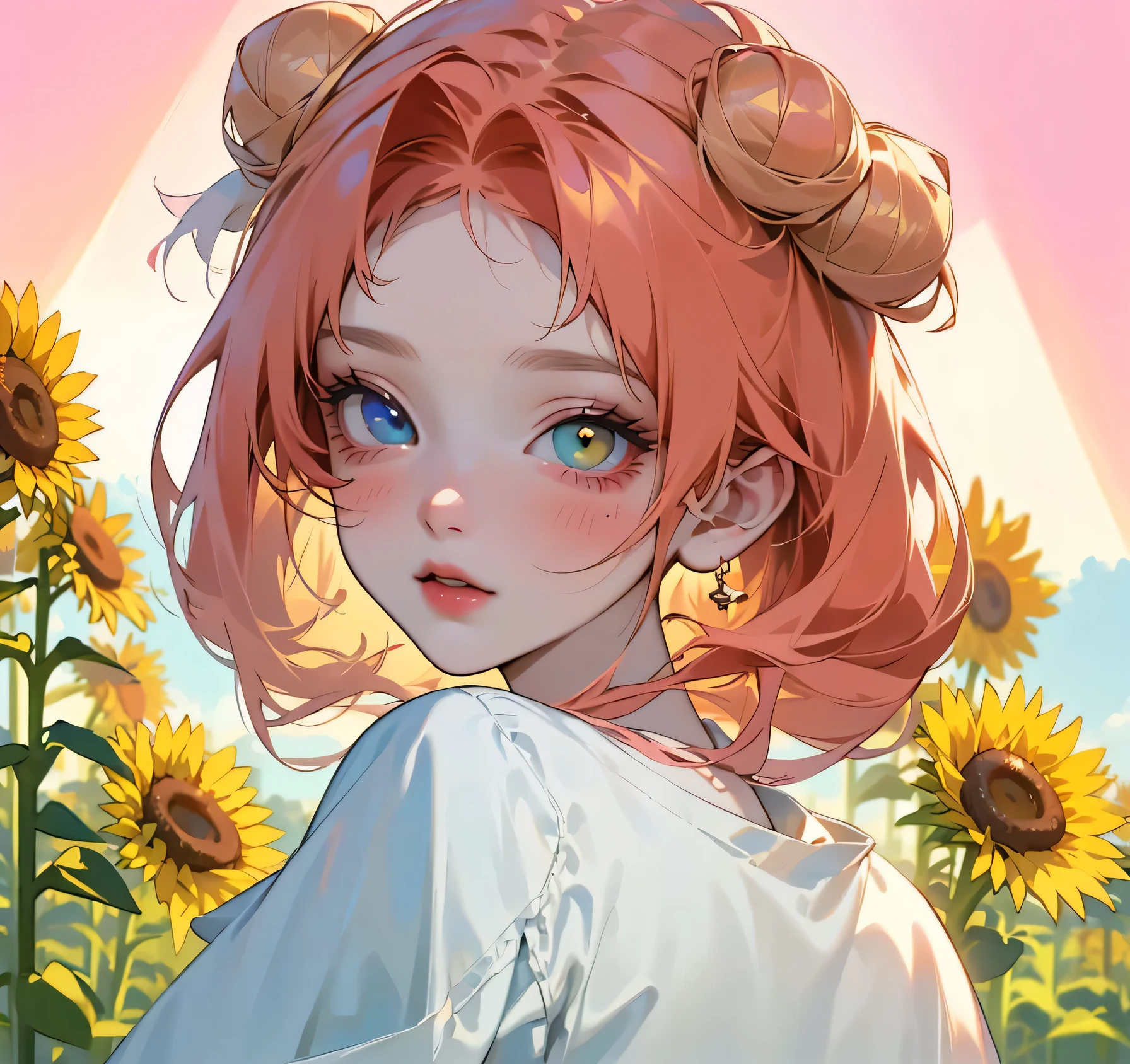 (High quality) (best quality) (A woman) (correct physiognomy) (perfect pupils) (perfect eyes) woman, deep red hair, long tied in two buns with bangs on the forehead, eyes with heterochromia one colored eye light red and other eye with white color, sensitive lips, feminine appearance, soft facial features, thin eyebrows, soft skin, rosy cheeks, pink lips, silky eyelashes, dreamy expression, middle age, youthful clothing, sweatshirt, photo illuminated by light of the sun, woman in a field of sunflowers