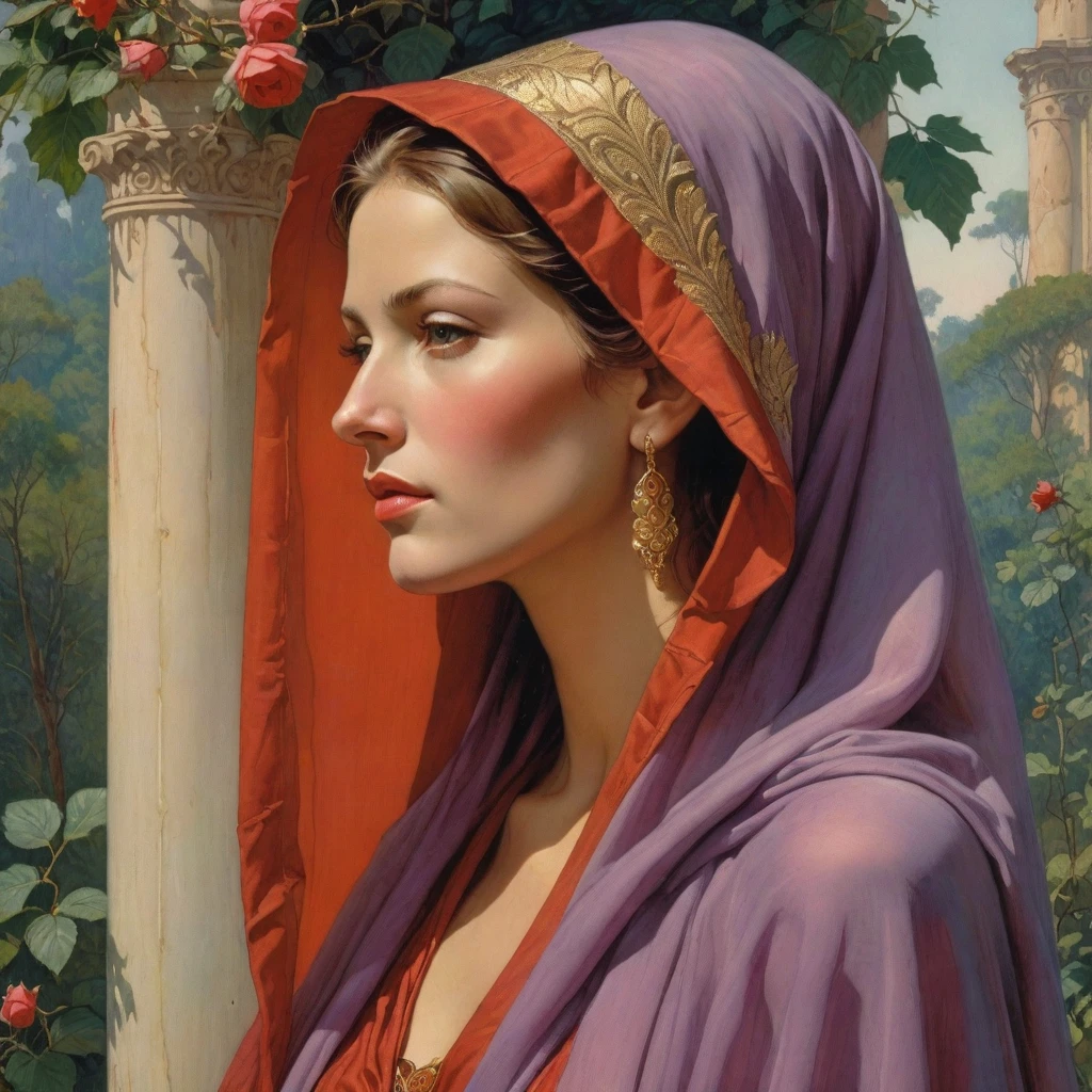 Masterpiece, (realistic), (propaganda poster), ((Moebius Jean Giraud)), (((haughty upright profile portrait of a veiled and Roman woman, young, priestess, sensual, imposing, dignified, proud, arrogant, wearing silk, mauve and red robes with detailed moth, rose elements))), ((Corinthian columns, jungle background, moths))