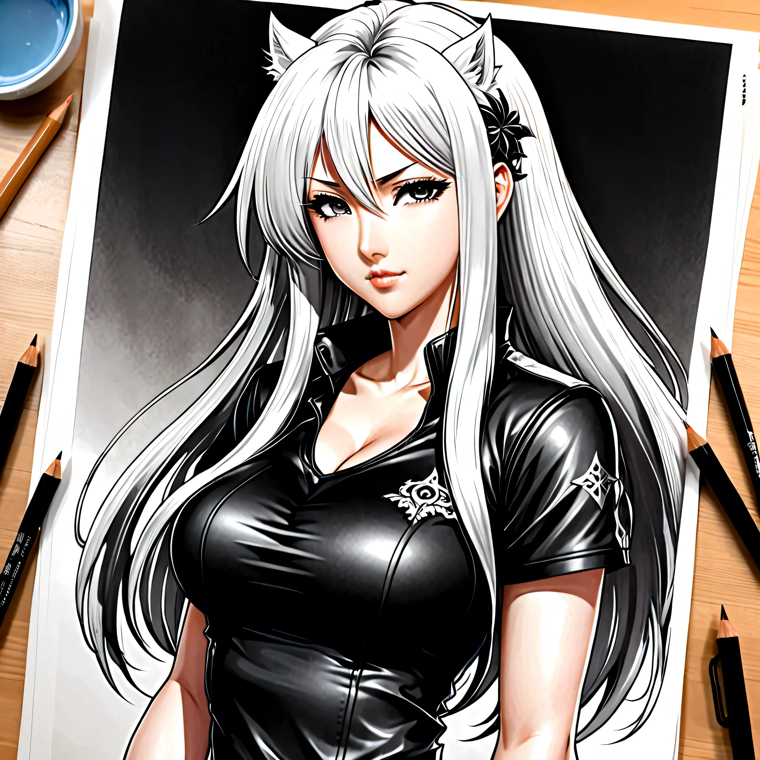 a drawing of a woman with long hair and a black top, a manga drawing by Kentaro Miura, pixiv, furry art, black and white manga style, extremely detailed artgerm, tifa lockhart with white hair, style artgerm, detailed anime character art, detailed manga style, saiyan girl, clean detailed anime style, anime style illustration
