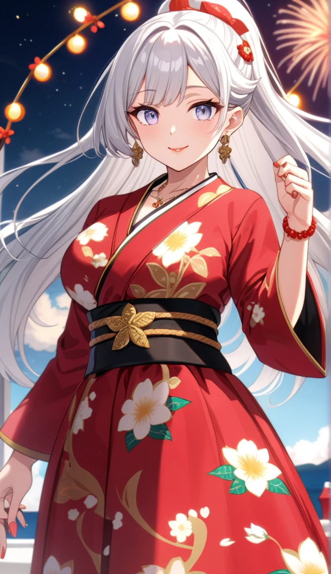 ((one personの女性)), Pretty Face,((Smile)),((Blink:1.9)),((Touch lips)), 口を大きく開けてSmile,((Bright red cheeks:1.4)),Shiny red lips,night,roof,Holiday Decorations,You can see the ocean, Fireworks,口を開けてSmile,Glossy pink lips,Facial lighting,((Anime style background)),masterpiece, best quality, so beautiful,up-to-date, complicated details, (Long pink nails),(ring),(bracelet),(Necklace),Artificial Intelligence Generation, complicated,high resolution, best quality, Ultra-high quality,3D Graphics、3D Graphics,one person,Long white hair,High Ponytail,(pale colored eyes),Anime girl posing for photos, ((Fine particles、Silver colored eyes、Shining eyes:1.4)),(Squint your eyes:1.1),a hyperPractical , hyperPractical , Practical,Long white hairのアニメ女性, Smooth anime CG art, Woman wearing a colorful kimono with gold embroidery, (Black furisode sleeves),Red floral pattern,Long flower hair accessories,big floral earrings,Mature body,(Large Breasts:1.1),expensive,Abdominal muscles,Tight waist,(Zoom in to face:1.7),Shooting from below