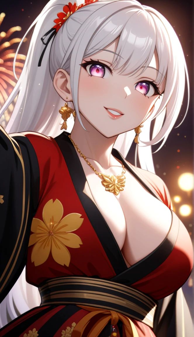 ((one personの女性)), Pretty Face,((Smile)),((Blink:1.9)),((Touch lips)), 口を大きく開けてSmile,((Bright red cheeks:1.4)),Shiny red lips,night,roof,Holiday Decorations,You can see the ocean, Fireworks,口を開けてSmile,Glossy pink lips,Facial lighting,((Anime style background)),masterpiece, best quality, so beautiful,up-to-date, complicated details, (Long pink nails),(ring),(bracelet),(Necklace),Artificial Intelligence Generation, complicated,high resolution, best quality, Ultra-high quality,3D Graphics、3D Graphics,one person,Long white hair,High Ponytail,(pale colored eyes),Anime girl posing for photos, ((Fine particles、Silver colored eyes、Shining eyes:1.4)),(Squint your eyes:1.1),a hyperPractical , hyperPractical , Practical,Long white hairのアニメ女性, Smooth anime CG art, Woman wearing a colorful kimono with gold embroidery, (Black furisode sleeves),Red floral pattern,Long flower hair accessories,big floral earrings,Mature body,(Large Breasts:1.1),expensive,Abdominal muscles,Tight waist,(Zoom in to face:1.7),Shooting from below
