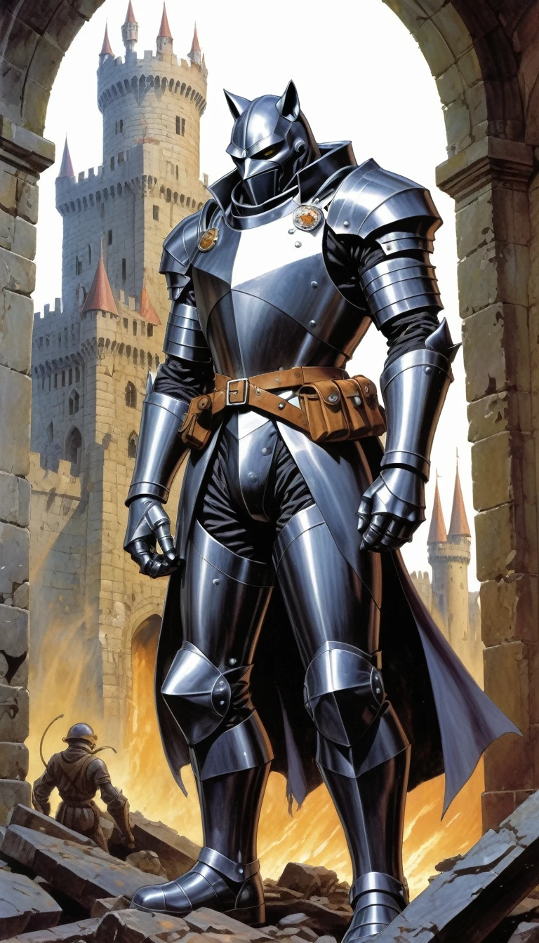 Alex Ross Style - generates the Knight, blacksad, castle in ruins , Metal Alchemist Full Mechanic Suit, a full body image of a legendary hero, Intense battlefield, on the cover of an illustrated 80s fantasy RPG,
