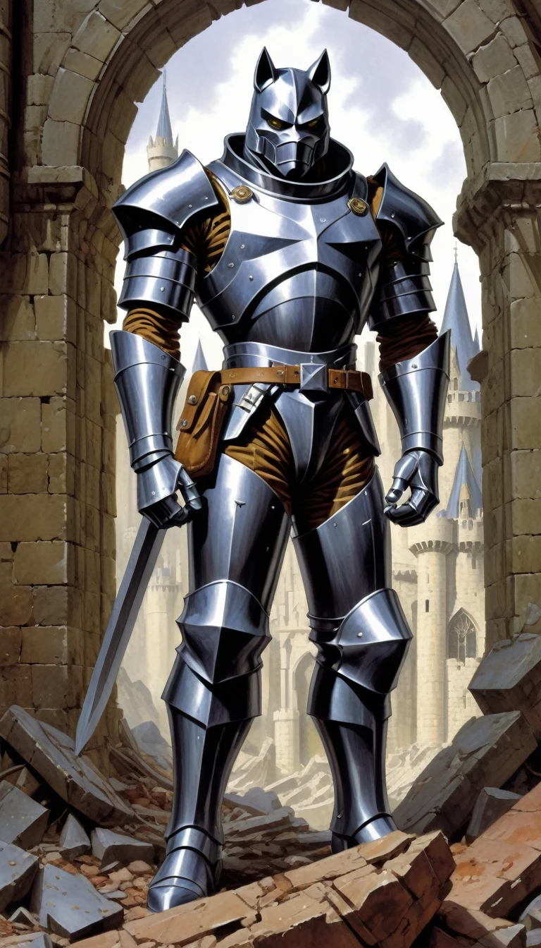 Alex Ross Style - generates the Knight, blacksad, castle in ruins , Metal Alchemist Full Mechanic Suit, a full body image of a legendary hero, Intense battlefield, on the cover of an illustrated 80s fantasy RPG,