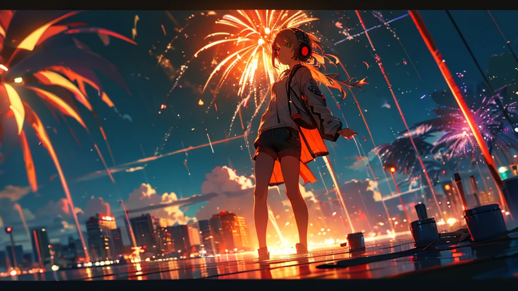 Highest quality,Ultra-high resolution,One woman,alone,whole body,summer, Black shortcuts,Green Eyes,Emotional,Headphones,Fireworks are set off