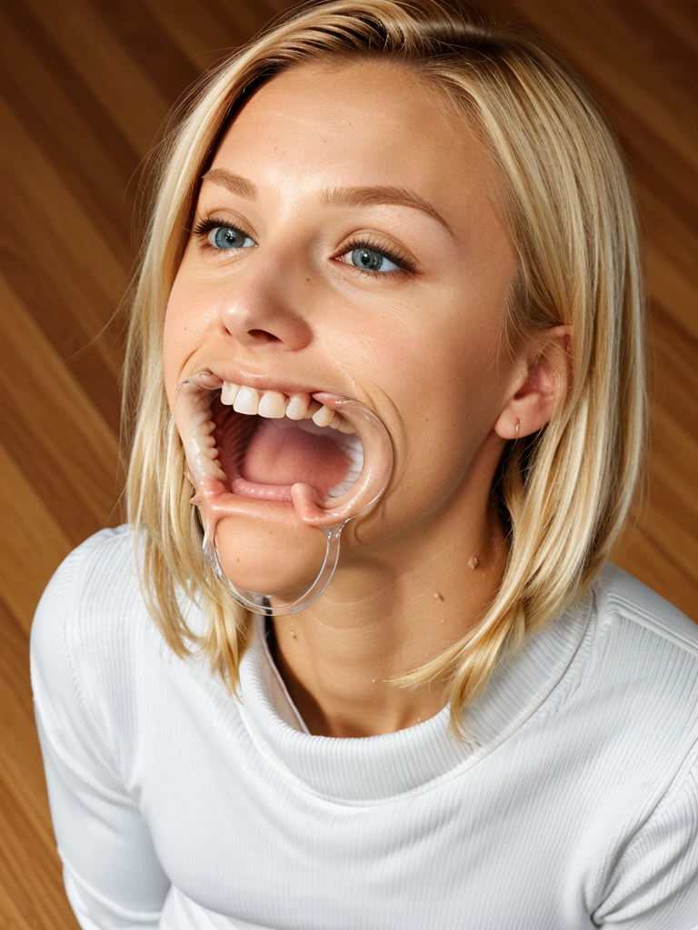 skinny blonde teen, She wears: (turtleneck high ribbed bright white tight sweater:1.1), submissive seductive pose, high tight ribbed neck, mouth retractor gag, turtleneck top, saliva dribble