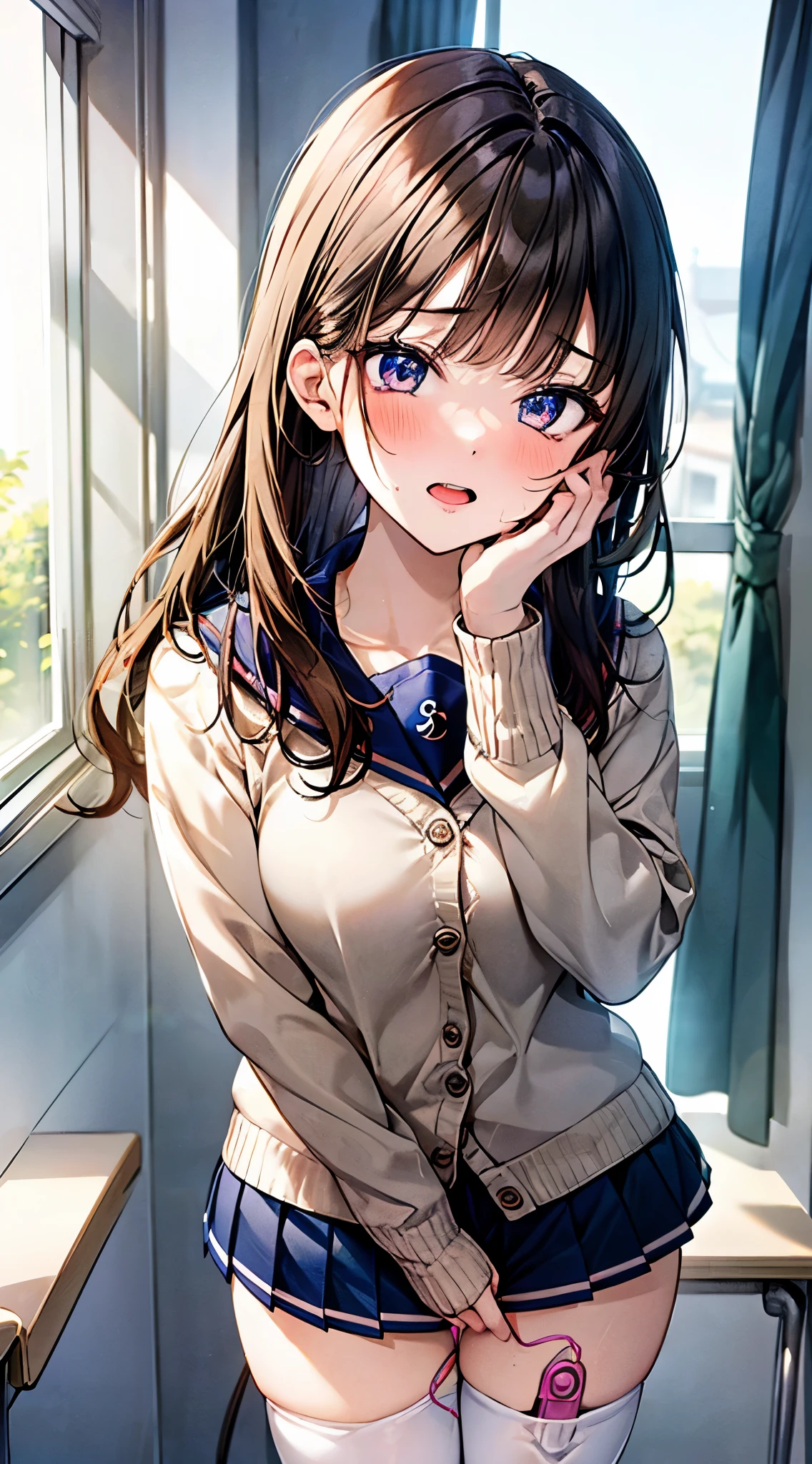 (masterpiece:1.2, quality), (current, photocurrent:1.4), beautiful illustrations, (natural side lighting, movie lighting), National Science Foundation,
looking at the audience, cowboy shooting, Front view:0.6, 1 girl, , high School girl, perfect face, Cute and symmetrical face, shiny skin,
(long hair:1.8, straight hair:1.7, blond), asymmetrical bangs, purple eyes, (:1.1, thick hairy thighs, pretty face, Beautiful and delicate eyes, Beautiful clavicle, beautiful body, beautiful, Beautiful thighs, beautiful legs, Beautiful fingers,
((light blue collared shirt, Navy pleated miniskirt, sock, naval, Light brown cardigan, white stockings)), pink beautiful scenery), night, School, classroom, curtain, permanent, lean forward, Put your hands on, vibrator in stockings, ((ahegao, ashamed, open mouth)), ,