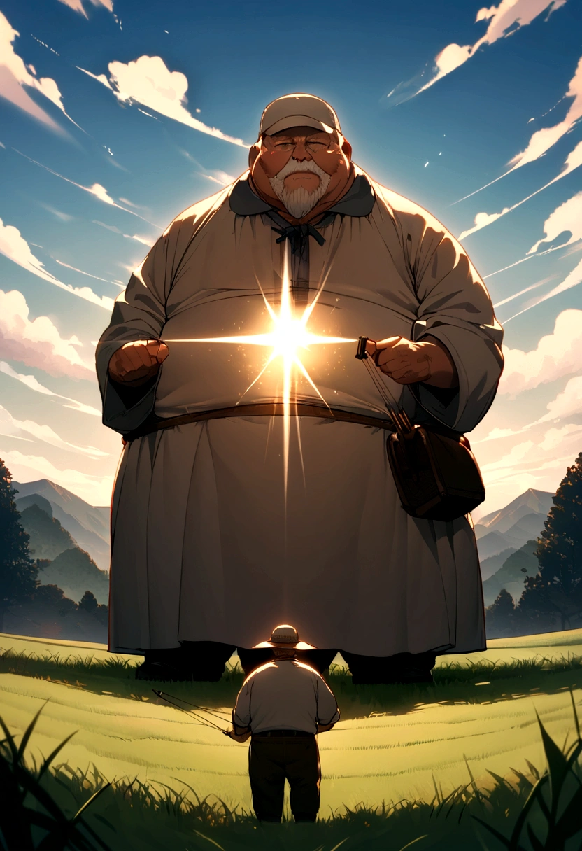 An old fat farmer with long hair, training his son to archery, set in the middle of field. Approaching perfection, Face detailed, Long take shot, Ultra detailed, smooth, HD resolution.