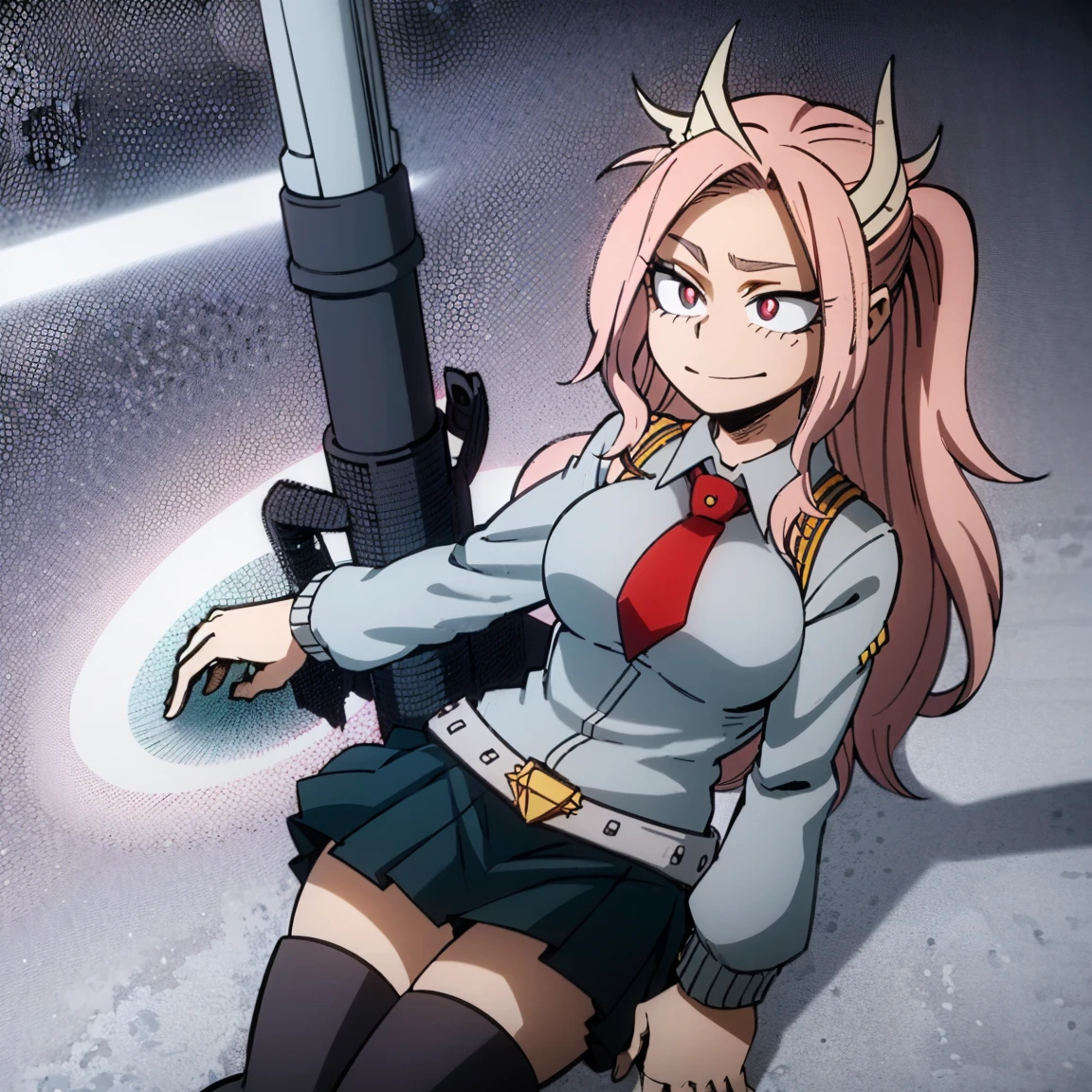 1girl, female focus, boku no hero academia, masterpiece, best quality, very aesthetic, cowboy shot, big breasts, gray jacket, red tie, white shirt, teal skirt, gray tights, boots, long curly hair, vivid orange hair, dark pink eyes, smirk