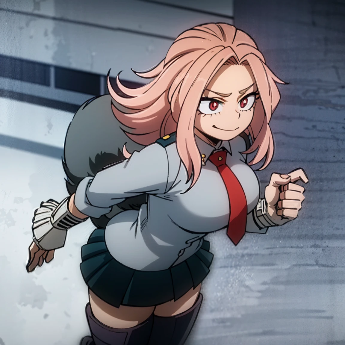 1girl, female focus, boku no hero academia, masterpiece, best quality, very aesthetic, cowboy shot, big breasts, gray jacket, red tie, white shirt, teal skirt, gray tights, boots, long curly hair, vivid orange hair, dark pink eyes, smirk