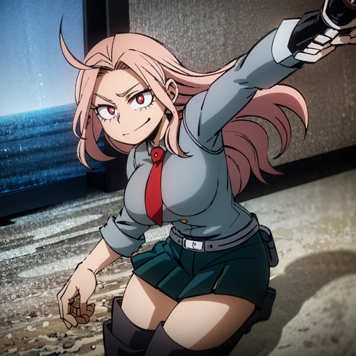 1girl, female focus, boku no hero academia, masterpiece, best quality, very aesthetic, cowboy shot, big breasts, gray jacket, red tie, white shirt, teal skirt, gray tights, boots, long curly hair, vivid orange hair, dark pink eyes, smirk