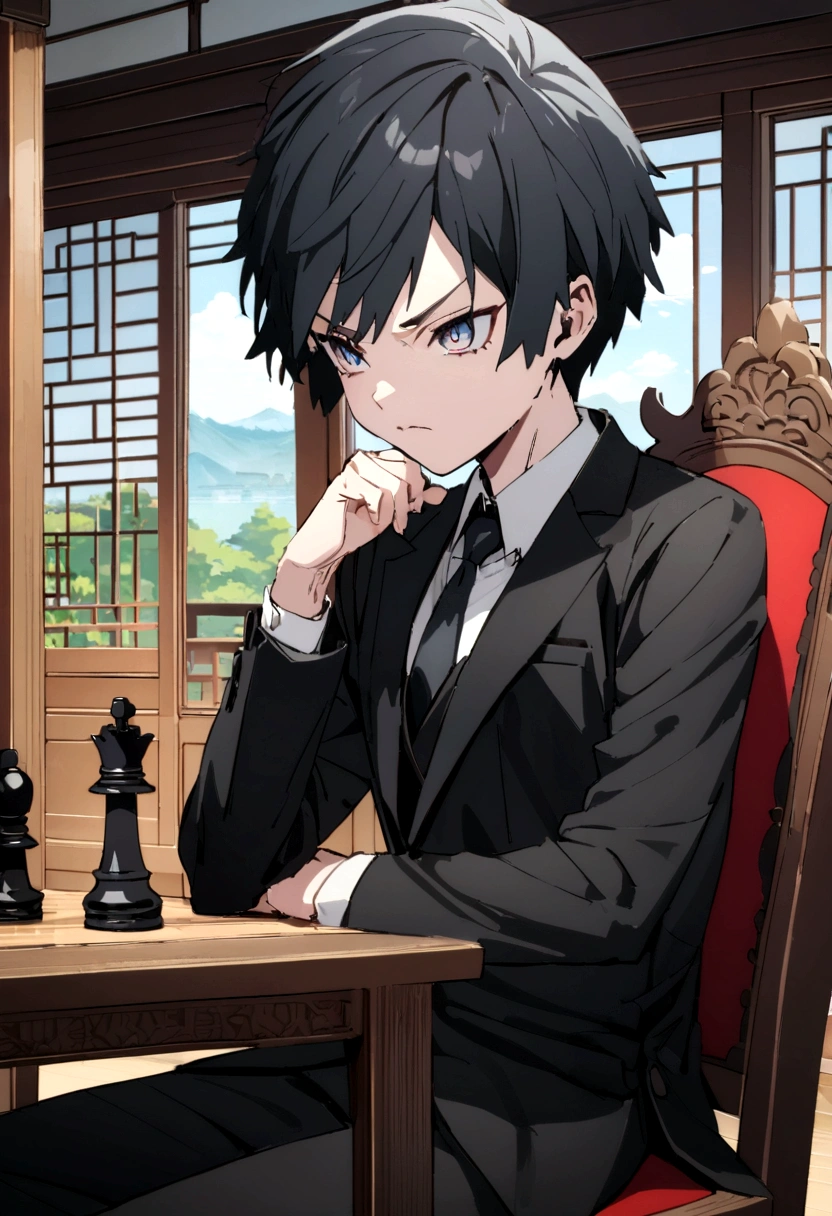 (best quality,height),mansion background,1 person,black hair,Medium length wolf cut,Asia,blue eyes,Wearing a black tailored suit,annoyed face,sitting on a chair,เล่นchessด้วยตัวเอง , chess.