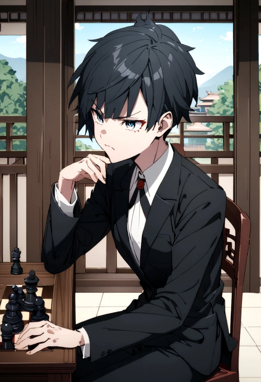 (best quality,height),mansion background,1 person,black hair,Medium length wolf cut,Asia,blue eyes,Wearing a black tailored suit,annoyed face,sitting on a chair,เล่นchessด้วยตัวเอง , chess.