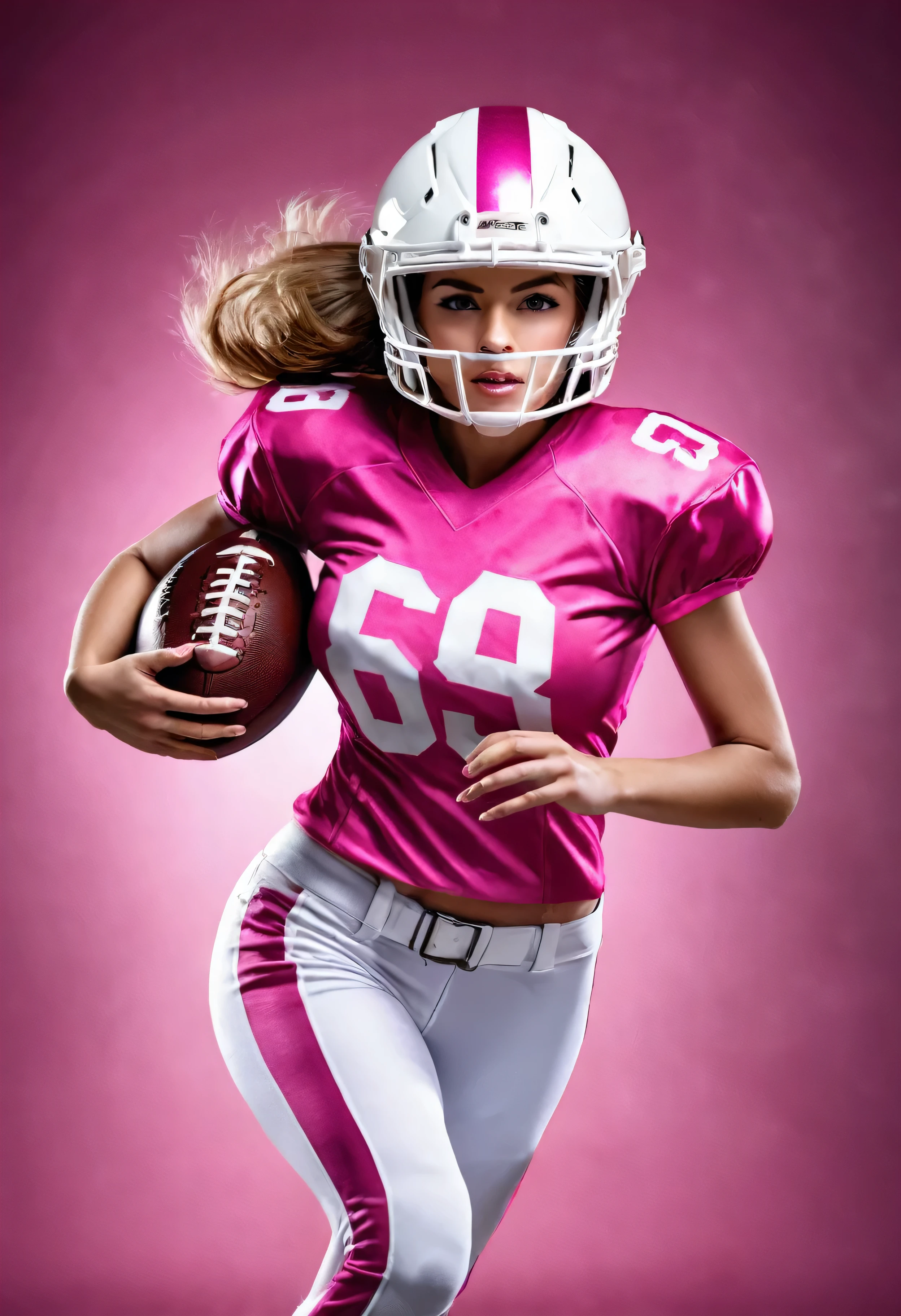 American football player woman, with pink uniform and helmet with white stripe, holding the American football ball, number 63 on the t-shirt, angelic beauty, running, photographic realism, cinema lighting.