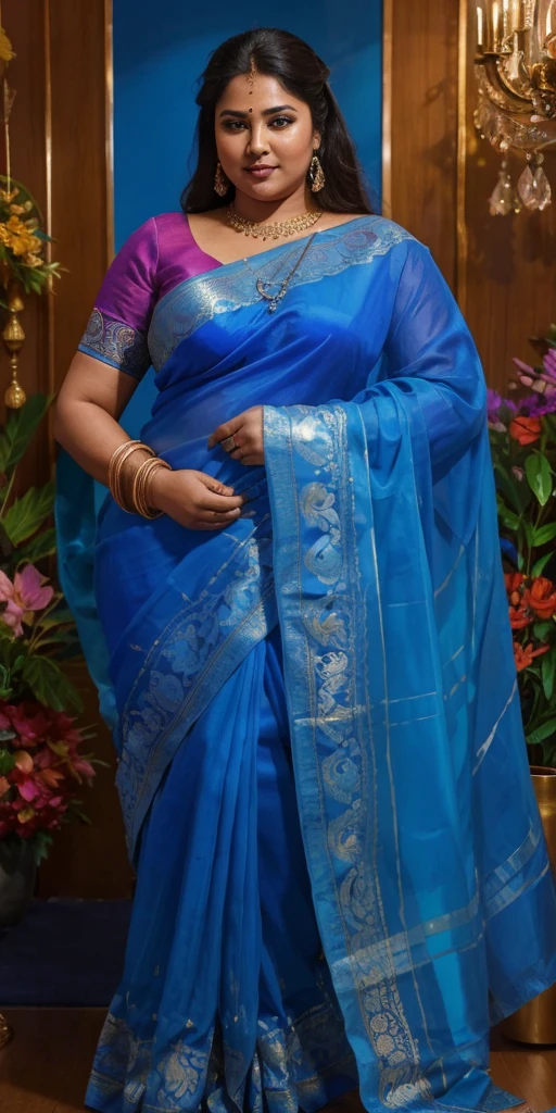 A radiant, full-figured plus sized South Indian 45 year old bride wearing a transparent blue colour silky saree standing hugging and kissing a 23 year old boy in a living room, , captured in a full-body image with vibrant hues and meticulous details. Full body image