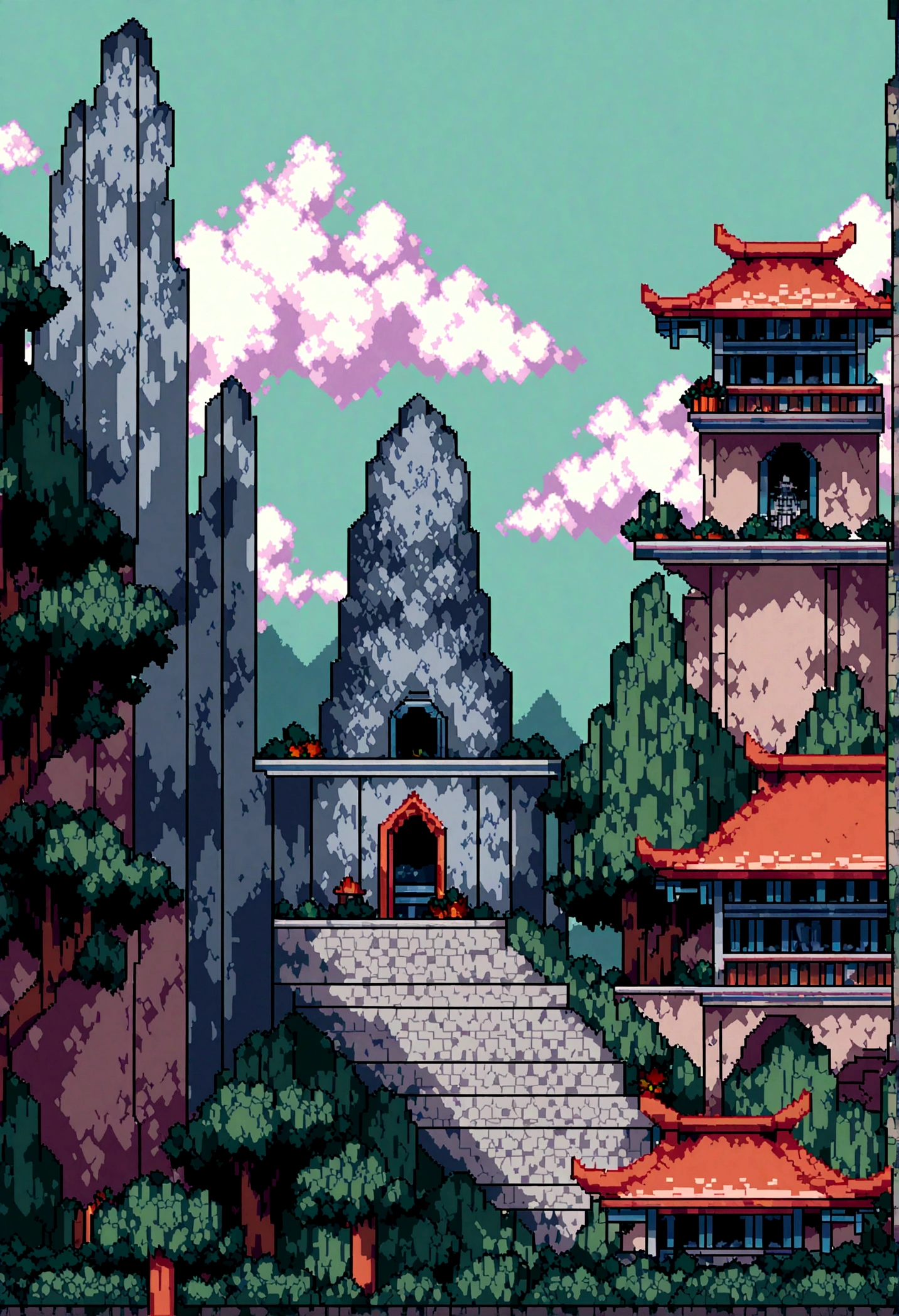 pixel art tourism destination landscape. natta. 3D pixel art wallpaper 4K. Amazing pixel art detail. pixel art. vapor waves. Detailed Unreal Engine pixel art