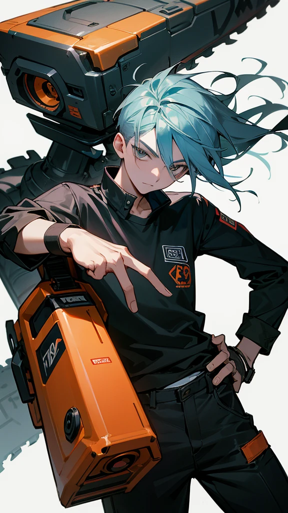 Create a 19 year old boy who is with a chainsaw and with the other hand is giving the middle finger