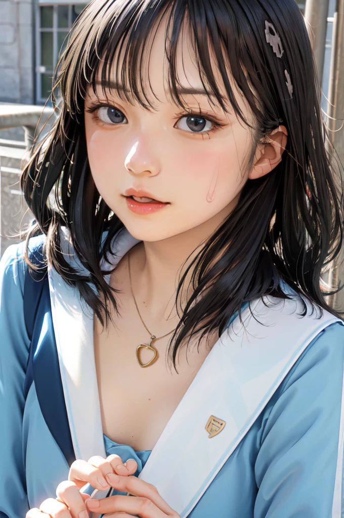 Highest quality, 8K,  ,masterpiece :1.3)), In-person audience,((Whole body 1.2)) ,Beautiful woman, Wide Shot ,One girl, , Selfie   , Black Hair, Brown Hair  , bangs,Highly detailed face, Highly detailed lips, Fine grain, double eyelid