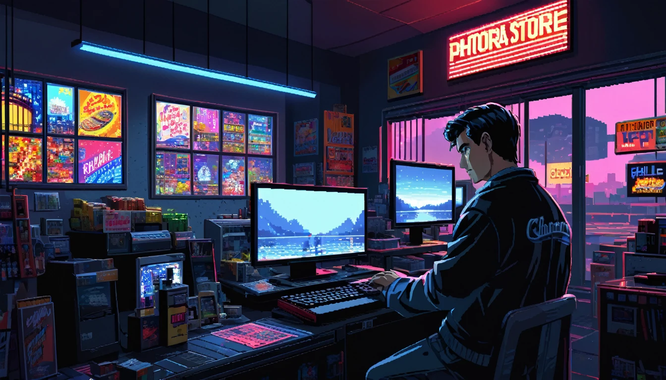 a man working hard at store until late night, detailed man with expressive face, focused expression, worn work clothes, dark room interior, neon store signs, glowing computer screens, landscape through window, pixel art style, 8k, high quality, photorealistic, hdr, chiaroscuro lighting, dramatic shadows