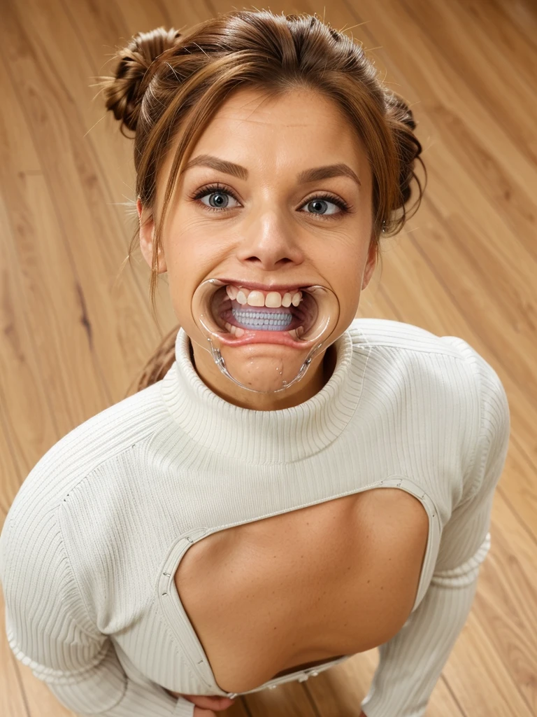 Owned prisoner wife messy long hair thrown into a messy bun ponytail. She wears: ( full turtleneck high ribbed bright white tight sweater:1.1), submissive seductive pose, high tight ribbed neck, seductive smile, perfect fake tits, horny eager granny, teasing sexy old lady, mouth retractor gag, turtleneck top, saliva dribble