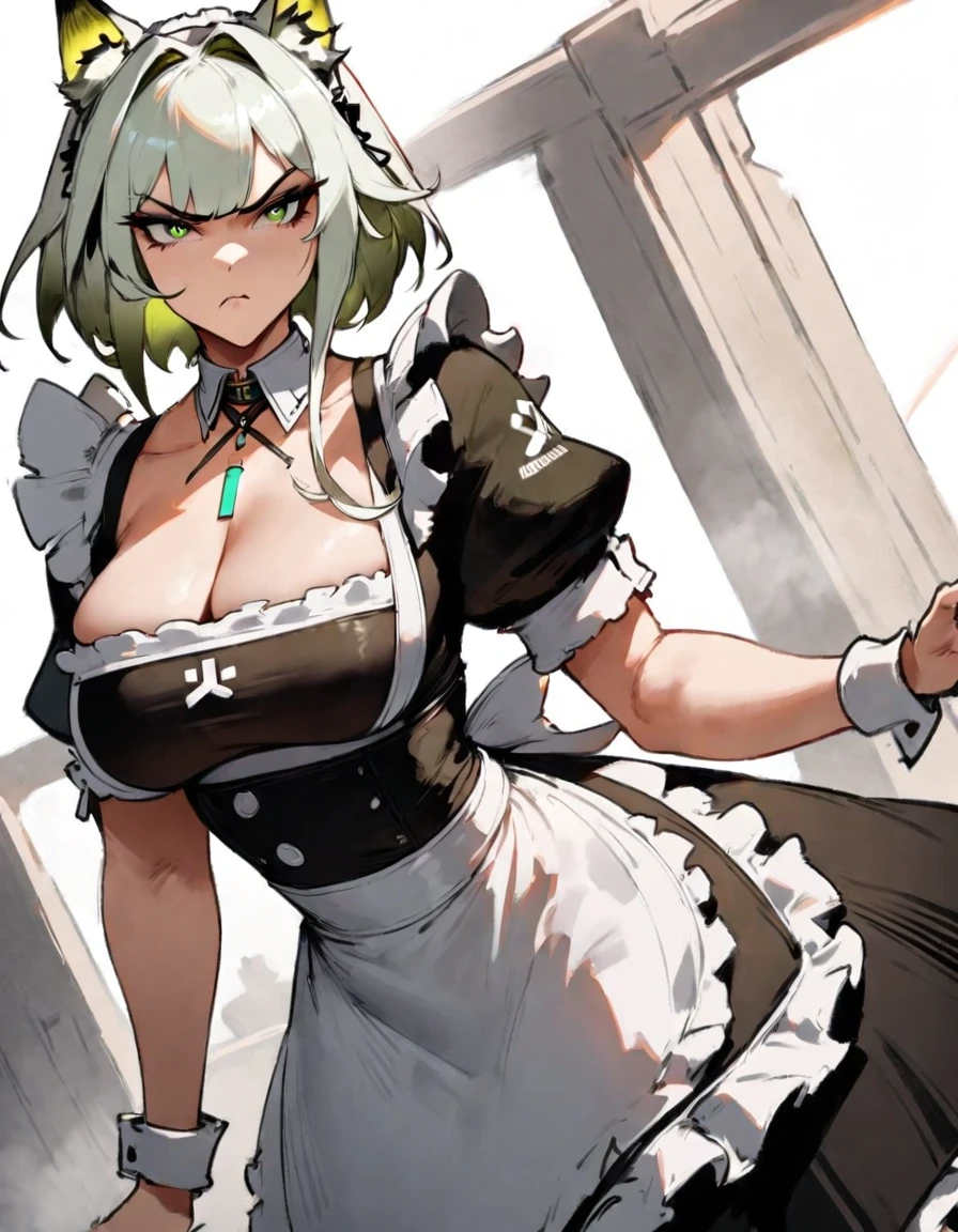 1girl, kal'tsit \(arknights\), arknights \\\\\ masterpiece, best quality, very aesthetic, absurdres, newest \\\\\\ slim body,///// ,by nyantcha,cutesexyrobutts , by khyle,,////// beautiful face, sexy, serious, angry, green eyes, animal ears, big tits,victorian maid
, solo,maid uniform, ,skirt, black and white clothes, white background