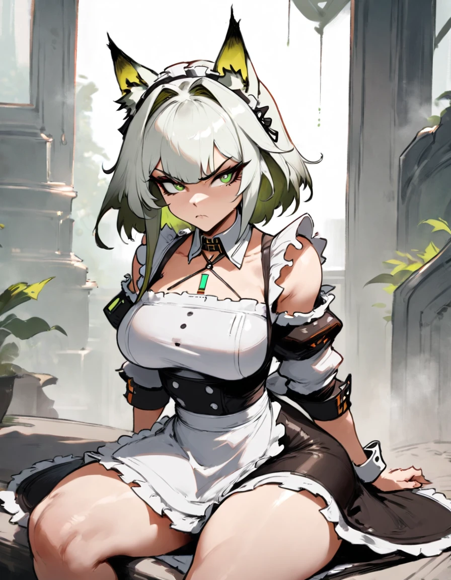1girl, kal'tsit \(arknights\), arknights \\\\\ masterpiece, best quality, very aesthetic, absurdres, newest \\\\\\ slim body,///// ,by nyantcha,cutesexyrobutts , by khyle,,////// beautiful face, sexy, serious, angry, green eyes, animal ears, big tits,victorian maid
, solo,maid uniform, ,skirt, black and white clothes, white background
