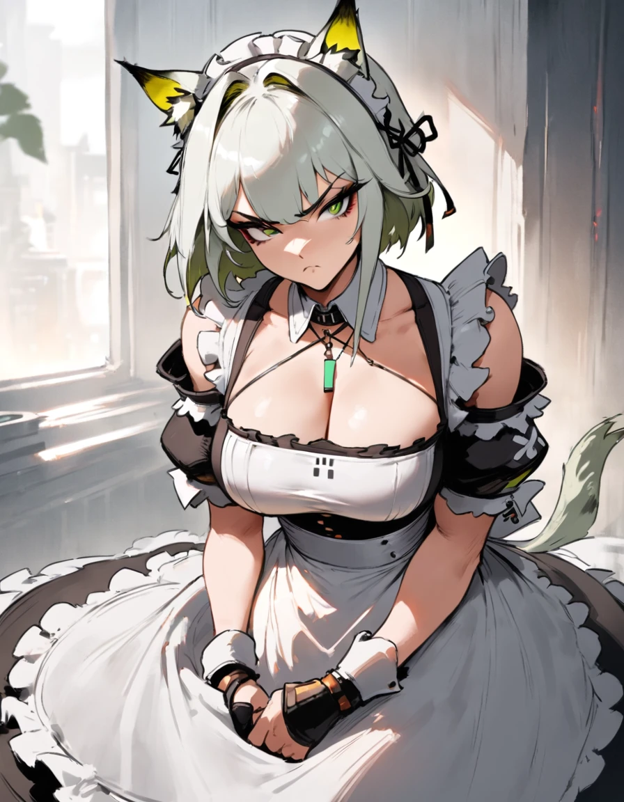 1girl, kal'tsit \(arknights\), arknights \\\\\ masterpiece, best quality, very aesthetic, absurdres, newest \\\\\\ slim body,///// ,by nyantcha,cutesexyrobutts , by khyle,,////// beautiful face, sexy, serious, angry, green eyes, animal ears, big tits,victorian maid
, solo,maid uniform, ,skirt, black and white clothes, white background