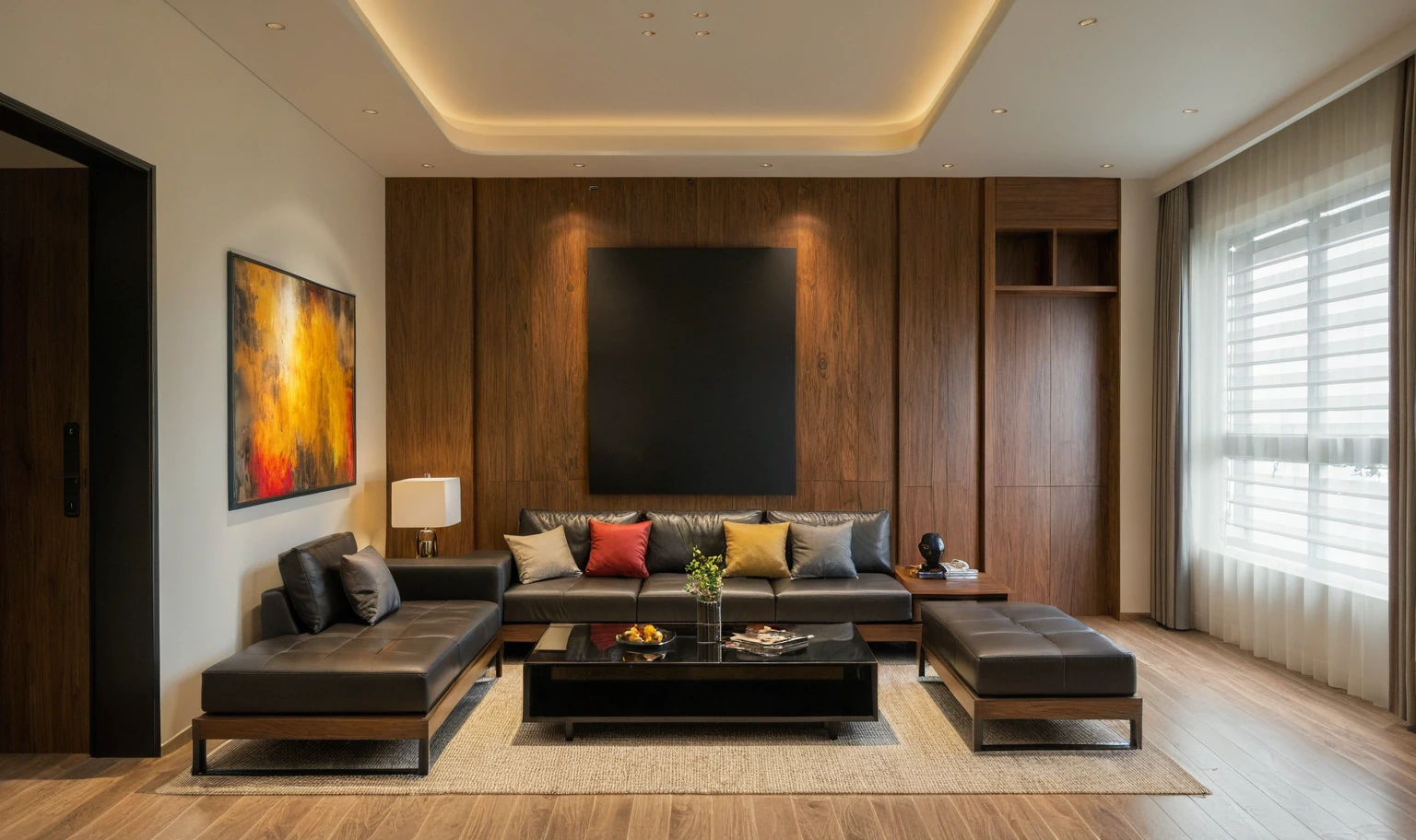 Raw photo,Masterpiece, high quality, best quality, authentic, super detail,
interior, indoors, living style modern, Walnut wood furniture, sunlight,
, (daylight:1.1), vivid colour, (realistic:1.2),