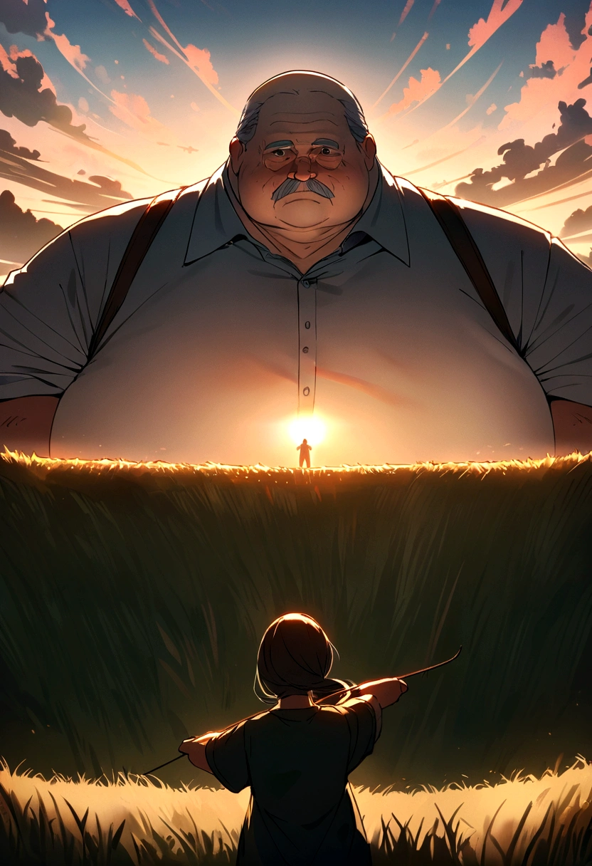 An old fat farmer with long hair, training his son to archery, set in the middle of field. Approaching perfection, Face detailed, Long take shot, Ultra detailed, smooth, HD resolution.