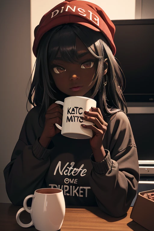 Dark-skinned pretty young woman wearing an oversized fuzzy fitted shirt, shy, ((holding a mug with the letters &quot;Katie&quot; written on it)), insanely detailed, 4K, 2d illustration, Red Hat, clearly detailed eyes,  Glowing brown eyes, muted pastel and white colors, ray tracing